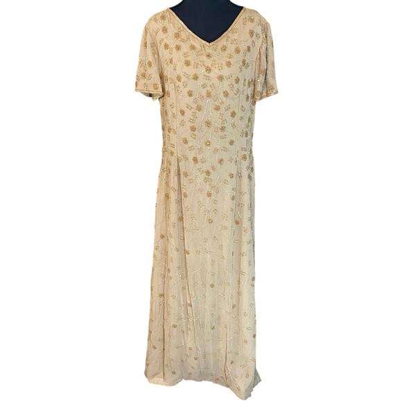Adrianna Papell 100% Silk Beaded Gown Champagne Gold modest 14 formal cocktail - Picture 2 of 9